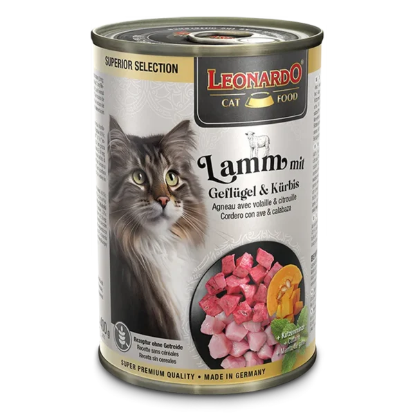 Lata Leonardo Gato Superior Selection Cordero & Ave Calabaza 400 GR